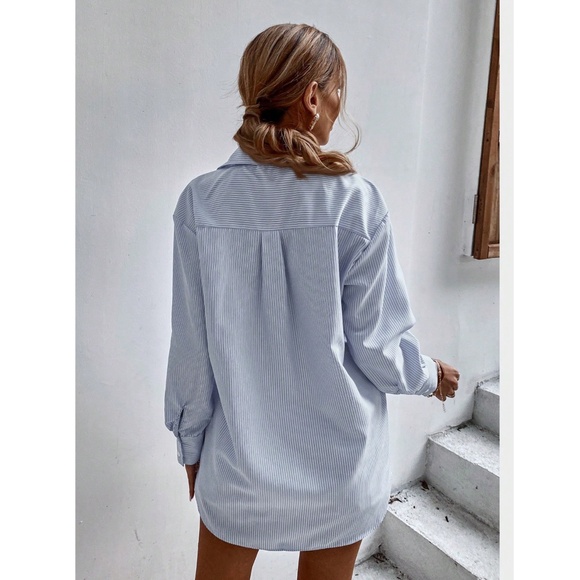 Blue and White Striped Casual Oversized Button Down Shirt Front Pocket - Picture 4 of 8